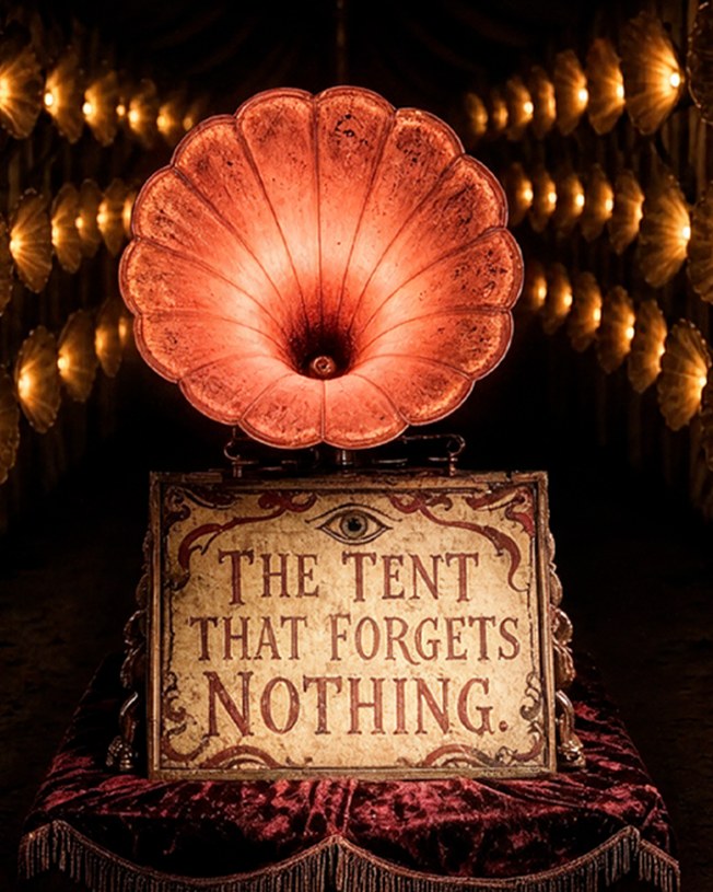 A glowing gramophone horn above a sign reading The Tent That Forgets Nothing, in a tent lined with brass horns.