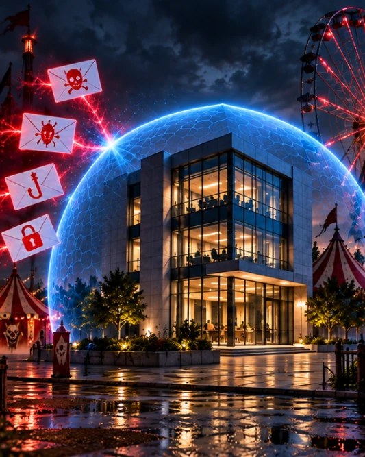 A glowing shield dome over an office building deflects phishing and malware emails at a night-time carnival.