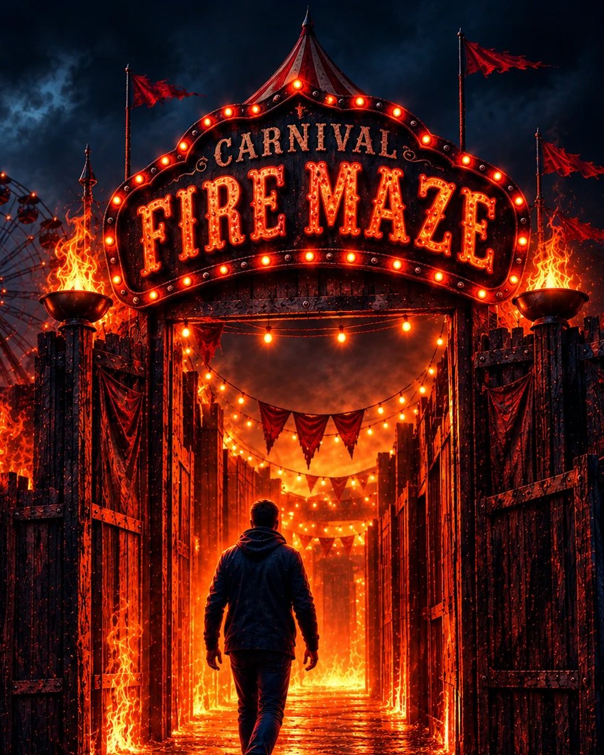 A man walks through a burning carnival gate under a lit sign reading Carnival Fire Maze.