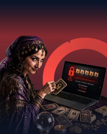 A fortune teller smiles over tarot cards beside a laptop showing a ransomware demand and a countdown.