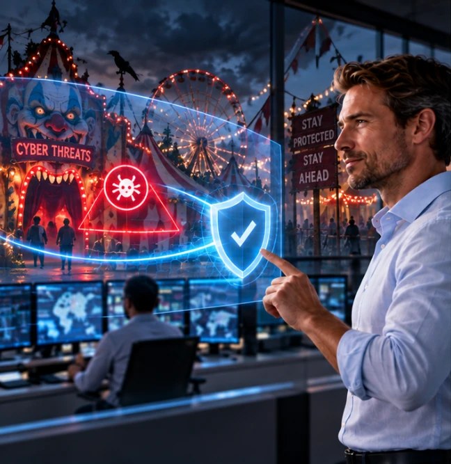 A security analyst points to a glowing shield that blocks cyber threats coming from a carnival, while a colleague watches monitors in a control room.