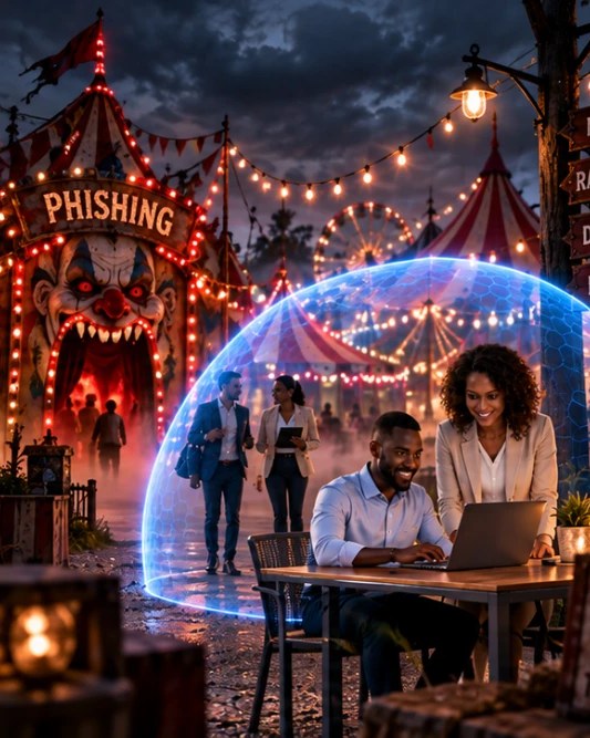 Colleagues work safely inside a shield dome beside a carnival tent marked Phishing with a clown-mouth entrance.