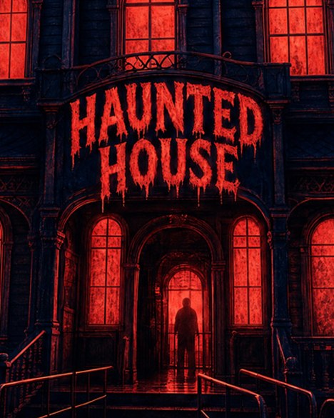 A haunted house at a carnival with red-lit windows and a figure standing in the glowing doorway.