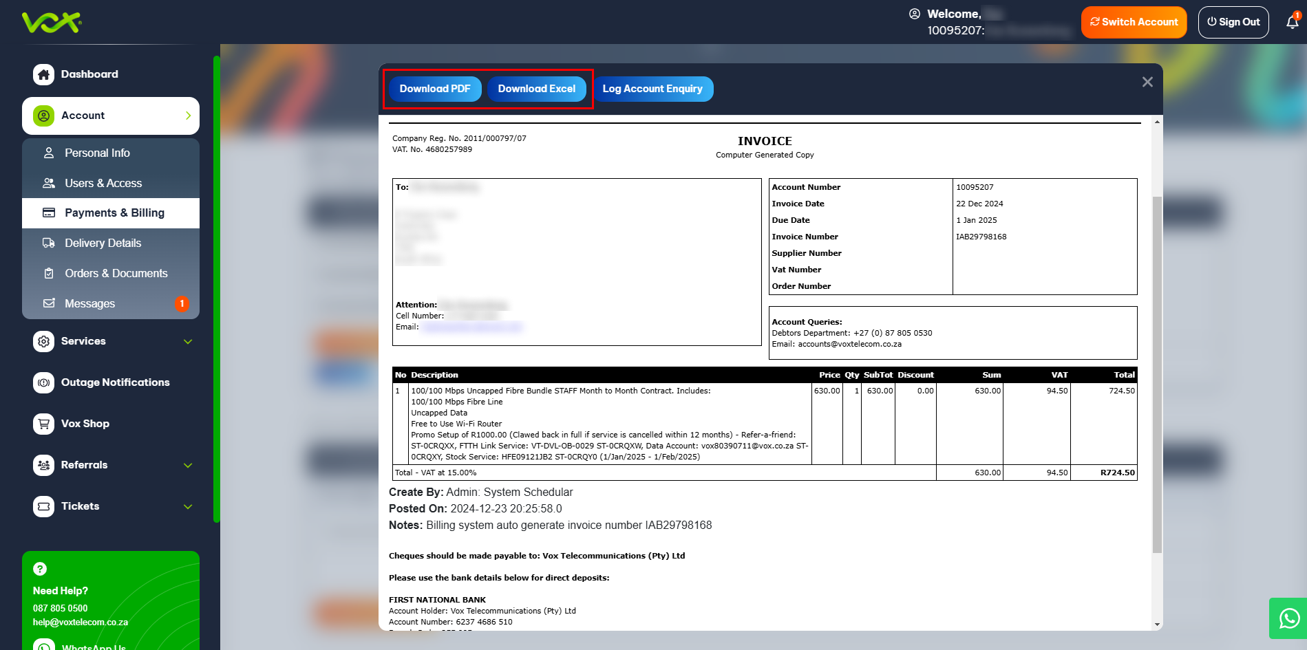 Download Invoice | Vox | Invoices and Billing