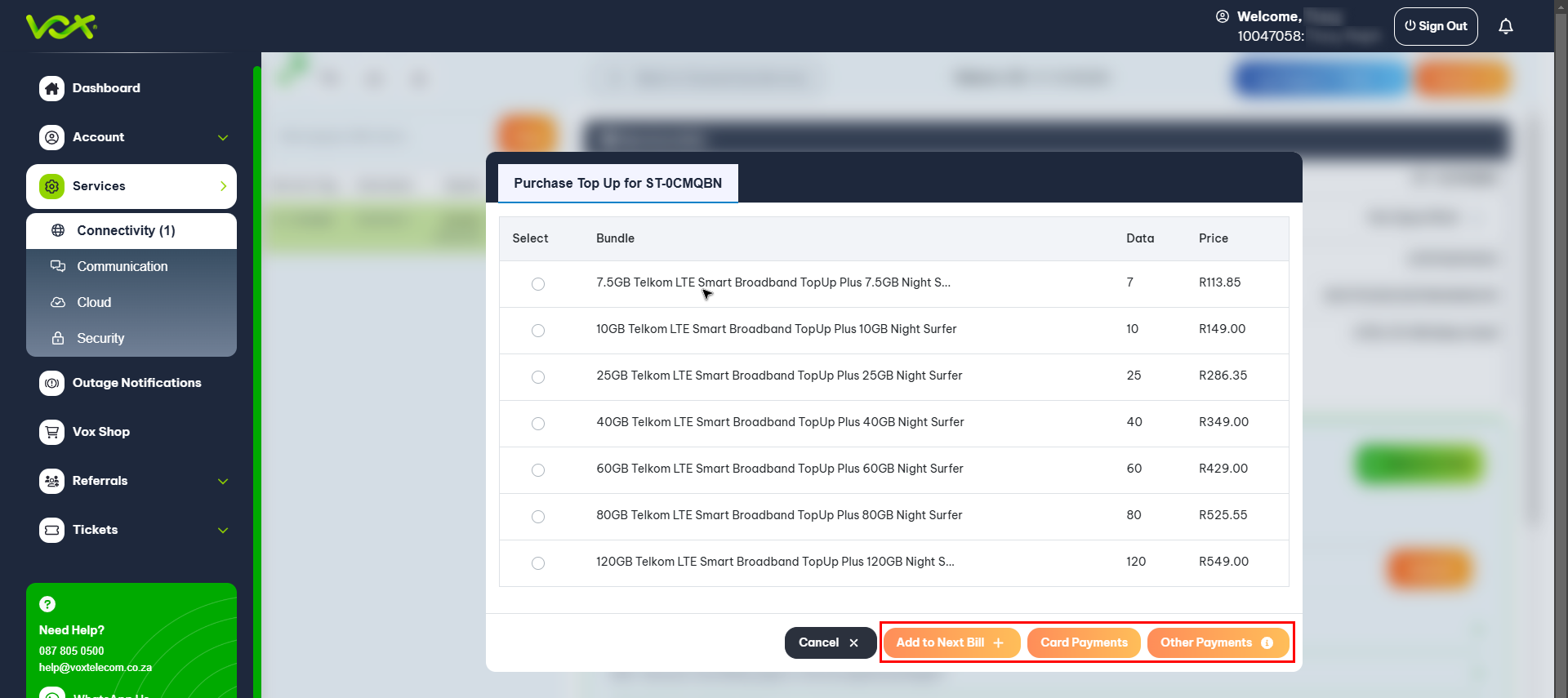 Select payment method | Vox | Top Up your LTE