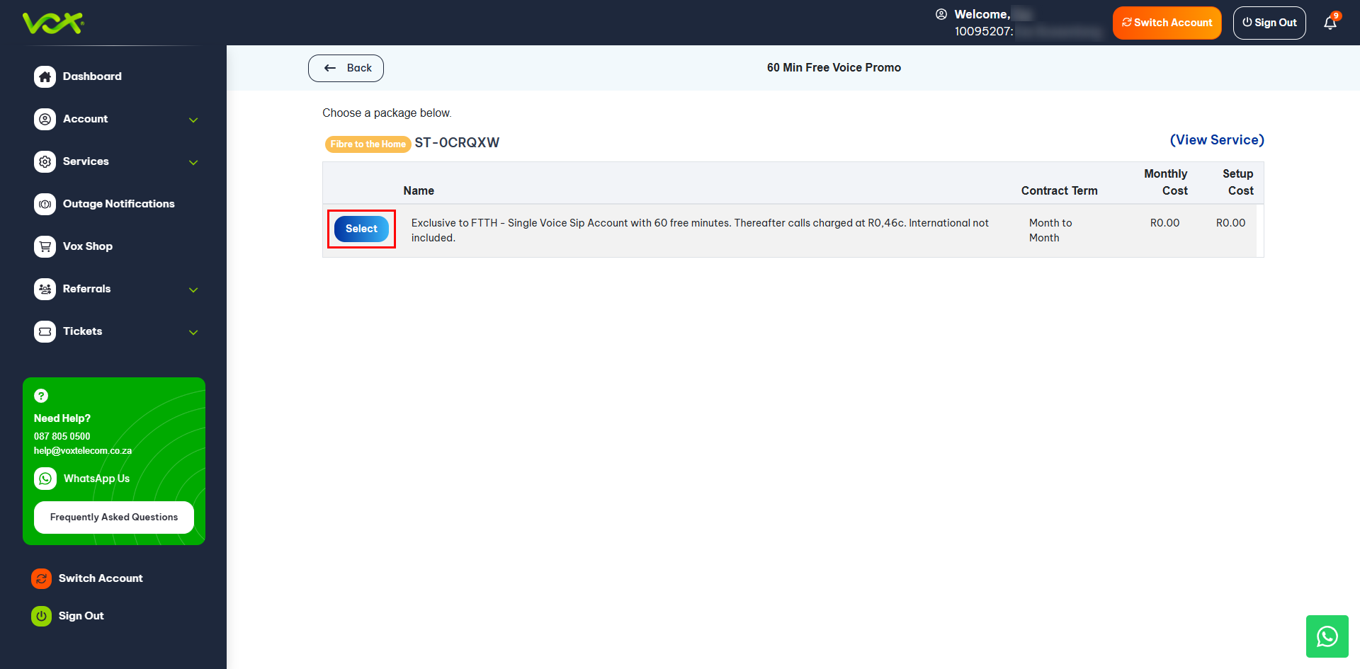 Select Product | Vox | Activate your 60 free voice minutes