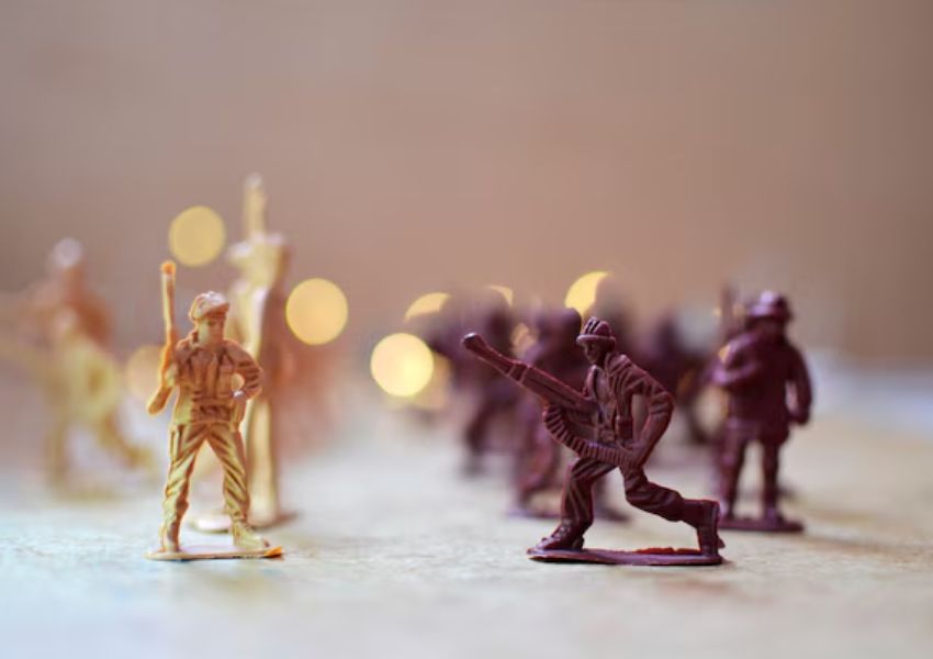 Toy soldiers lined up on the battlefield, ready to combat in the quest for Wi-Fi
