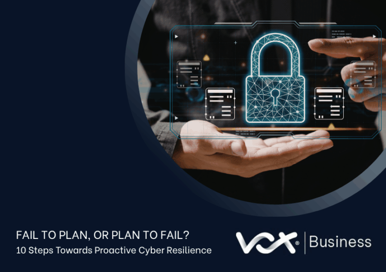 Hands holding a glowing digital interface with a holographic padlock and floating data icons. Dark blue corporate background with Vox Business branding and the headline about proactive cyber resilience.