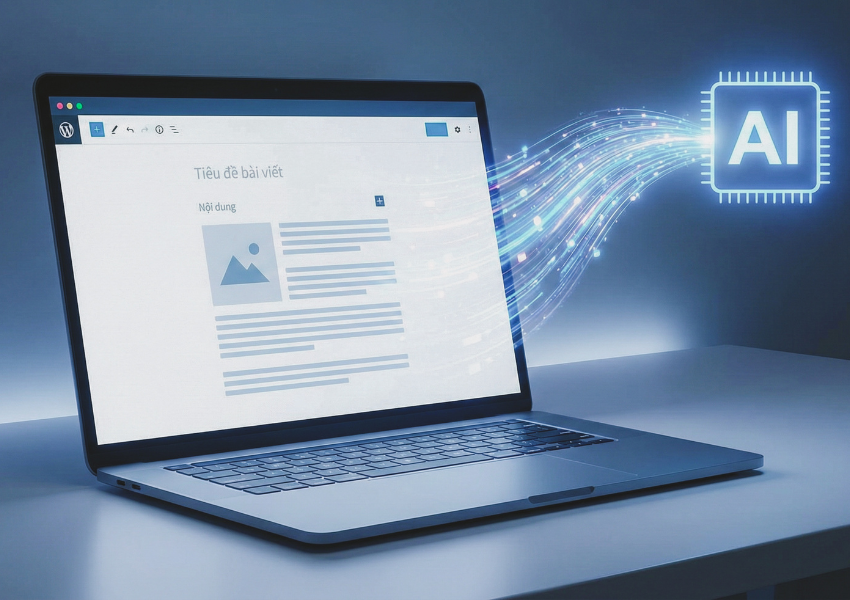 Laptop displaying a website editor interface with glowing data streams flowing toward a bright AI microchip icon. Clean blue-toned scene representing AI-powered content creation and digital automation.