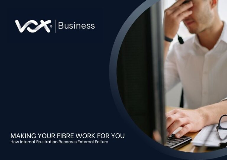 Vox Business branded graphic showing a stressed office worker at a computer. Dark blue corporate layout with headline about making your fibre work for you and how internal frustration becomes external failure.
