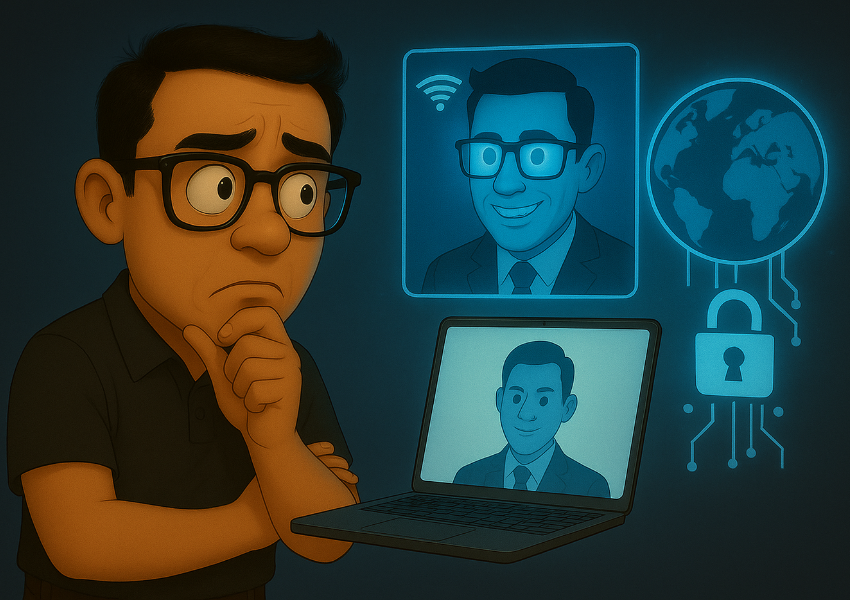 Illustrated man with glasses looking thoughtful beside a laptop showing a smiling avatar. Floating digital profile images, globe icon, Wi-Fi symbol, and padlock suggest online identity, cybersecurity, and digital presence concerns.