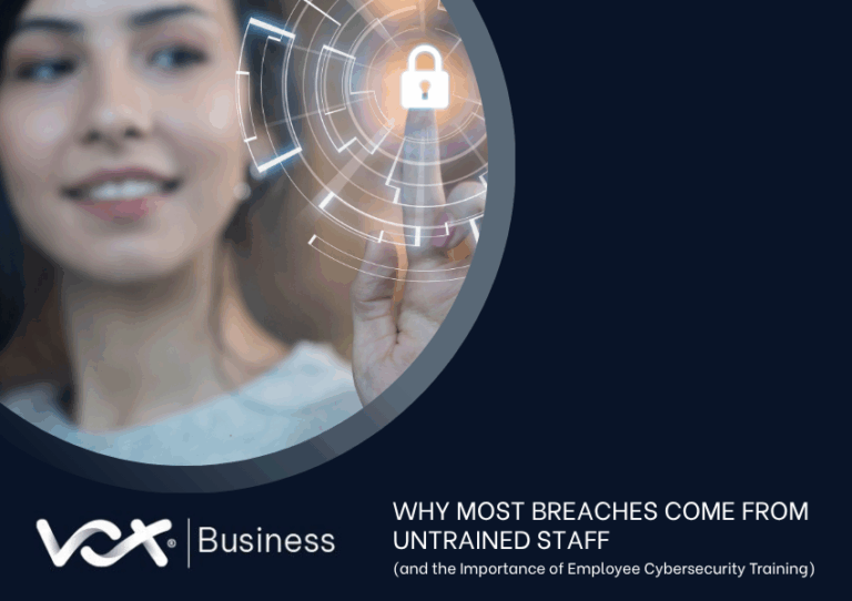 Blurred woman interacting with a glowing digital interface featuring a padlock icon and circular security graphics. Dark blue corporate background with Vox Business branding and headline about breaches caused by untrained staff and the importance of employee cybersecurity training.