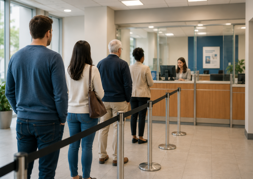 People standing in a queue inside a modern bank waiting to be assisted at the teller counter.