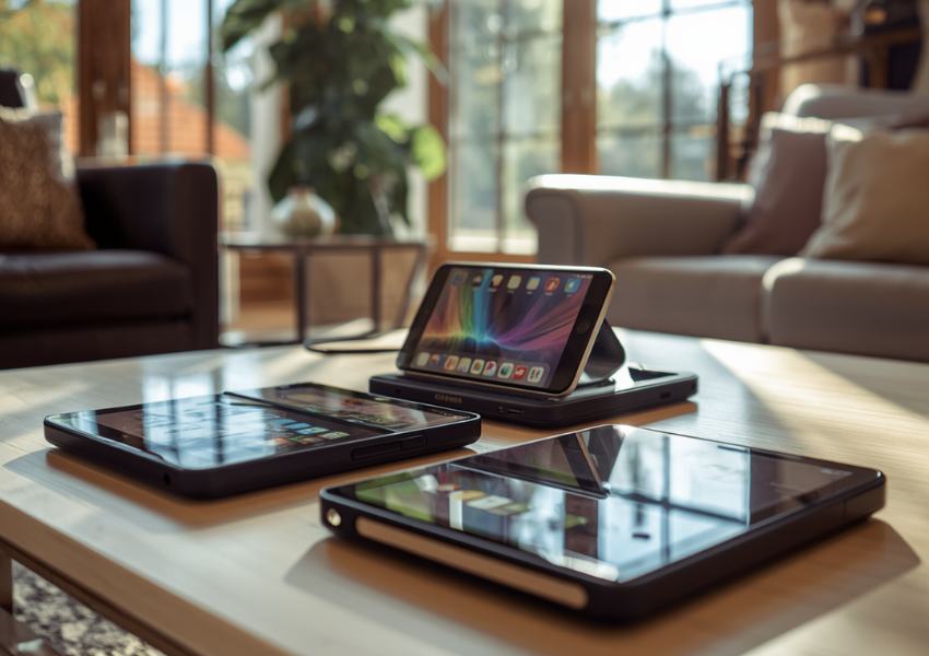 Multiple connected smart devices in a modern home demonstrating how faster Internet speeds support streaming, browsing, and multi-device connectivity.