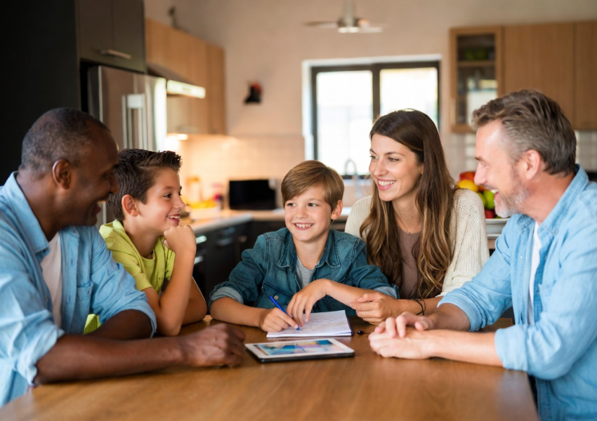 Family discussing screen time rules and parental controls around the kitchen table
